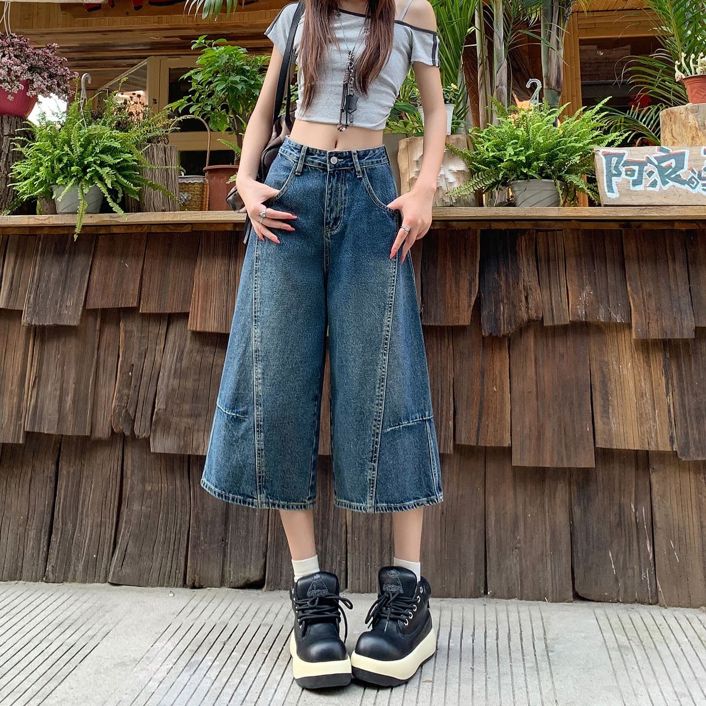 아메리칸 패치워크 7 점 청바지 여성 여름 개성 디자인 루즈핏 넓은 다리 높음 거리 작은 키 스트레이트 바지 여성 이미지 2
