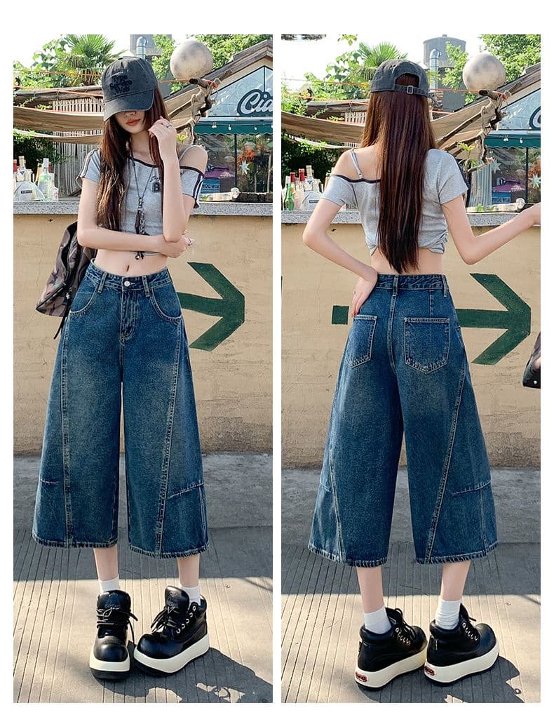 아메리칸 패치워크 7 점 청바지 여성 여름 개성 디자인 루즈핏 넓은 다리 높음 거리 작은 키 스트레이트 바지 여성 상세 이미지 11