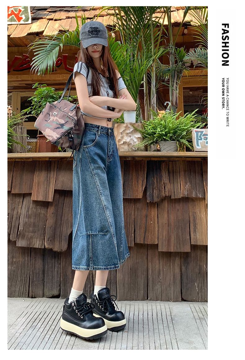 아메리칸 패치워크 7 점 청바지 여성 여름 개성 디자인 루즈핏 넓은 다리 높음 거리 작은 키 스트레이트 바지 여성 상세 이미지 18