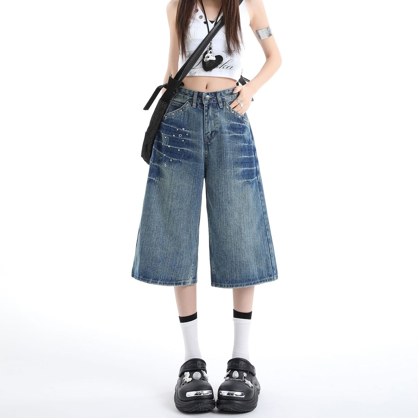 아메리칸 개성 징 디자인 데님 7부 바지 여성 여름 루즈핏 넓은 다리 높음 거리 작은 키 스트레이트 바지 여성 이미지 2