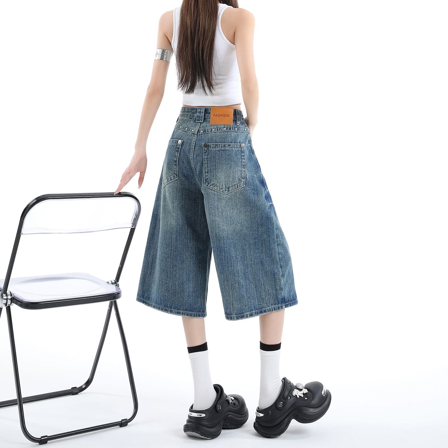아메리칸 개성 징 디자인 데님 7부 바지 여성 여름 루즈핏 넓은 다리 높음 거리 작은 키 스트레이트 바지 여성 이미지 6