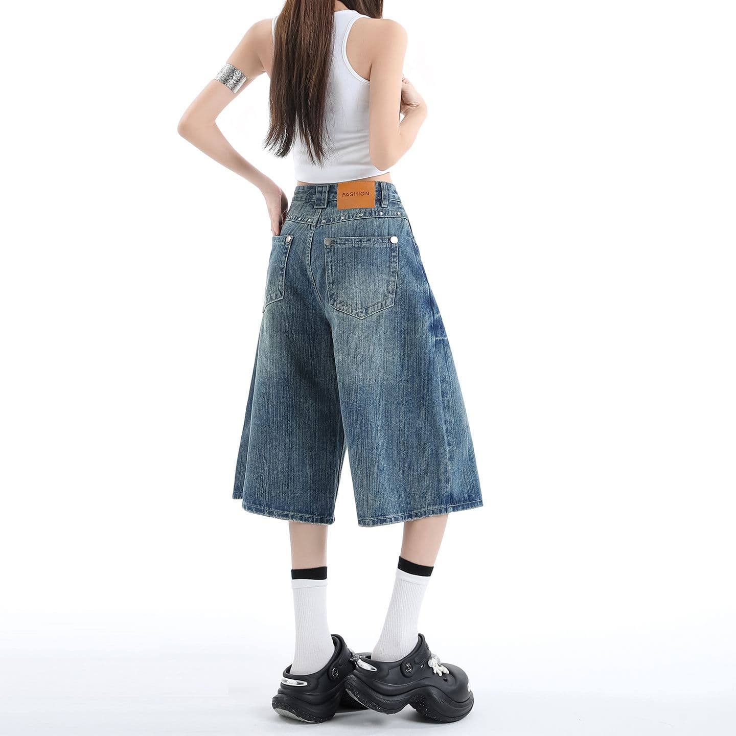 아메리칸 개성 징 디자인 데님 7부 바지 여성 여름 루즈핏 넓은 다리 높음 거리 작은 키 스트레이트 바지 여성 이미지 4