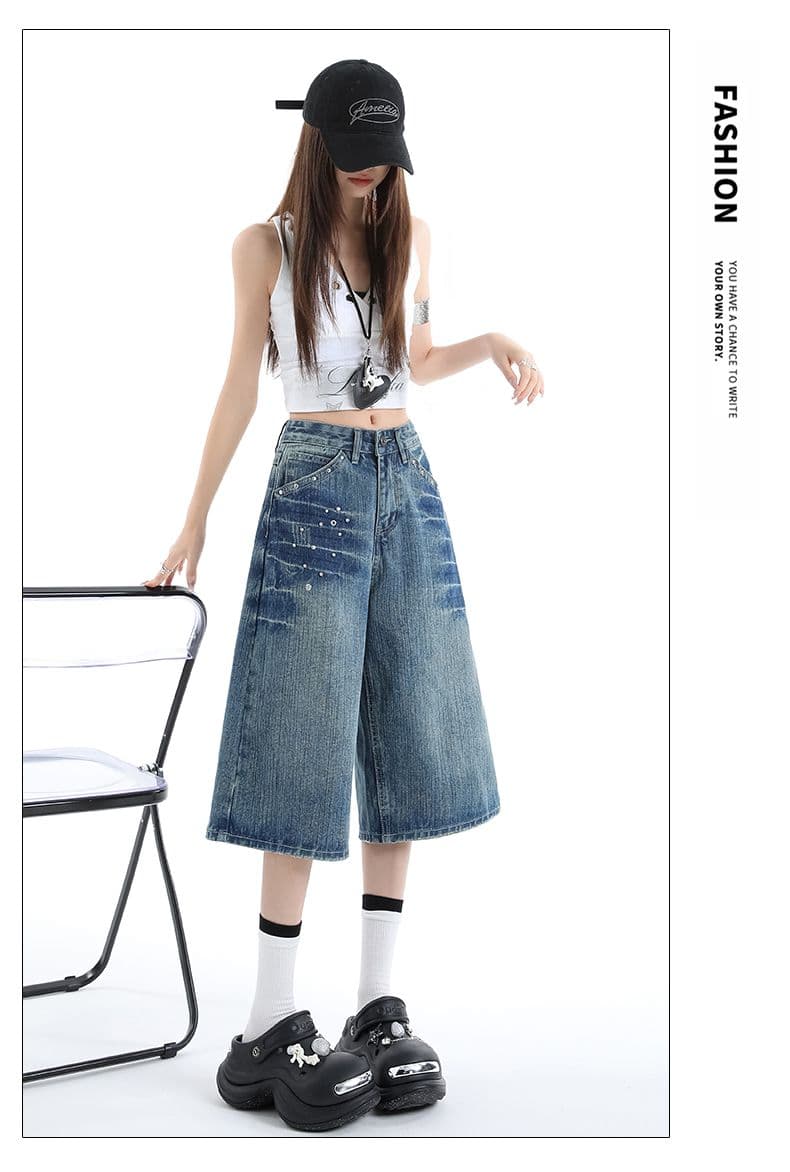 아메리칸 개성 징 디자인 데님 7부 바지 여성 여름 루즈핏 넓은 다리 높음 거리 작은 키 스트레이트 바지 여성 상세 이미지 12