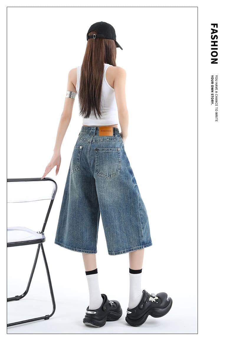아메리칸 개성 징 디자인 데님 7부 바지 여성 여름 루즈핏 넓은 다리 높음 거리 작은 키 스트레이트 바지 여성 상세 이미지 17