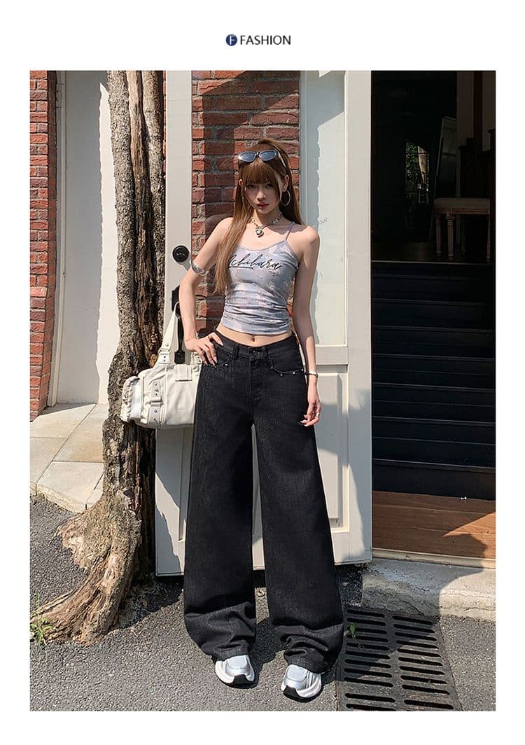 디자인 징 스트레이트 청바지 여성 국방 퇴색하다 아메리칸 단 닝 검정색 루즈핏 넓은 다리 길이 바지 상세 이미지 11