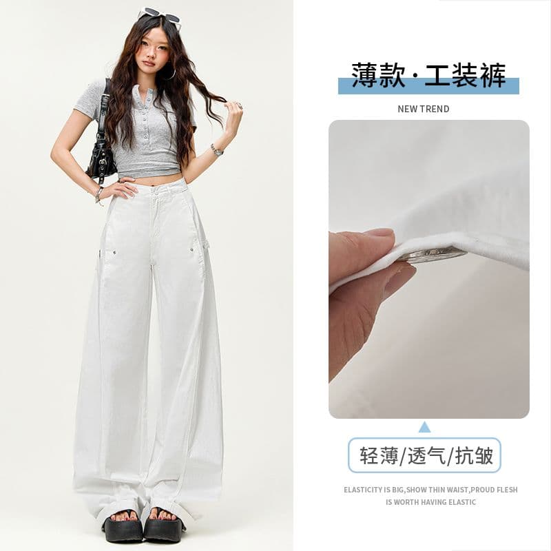 디자인 센스 아메리칸 레트로 핫걸 모통이 칼 바지 다용도 슬림해 보이는 기타 주머니 넓은 다리 워크웨어 캐주얼 바지 이미지 4