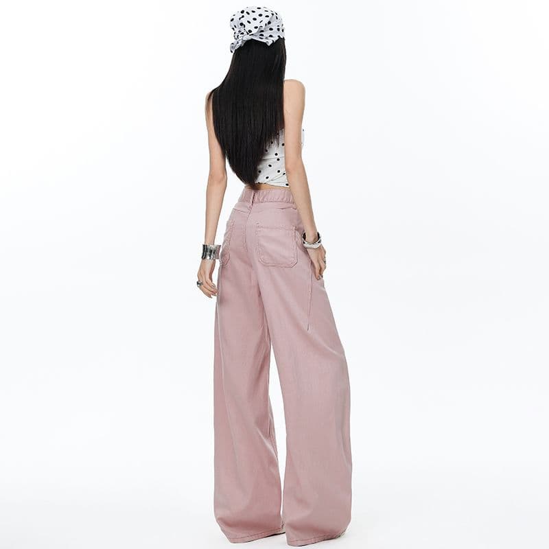 2026 여름 새로운 라이 경기 서울 주간 실크 코튼 아메리칸 레트로 측면 솔기 당겨 높은 디자인 얇은 스타일 루즈핏 와이드 레깅스 바지 이미지 4
