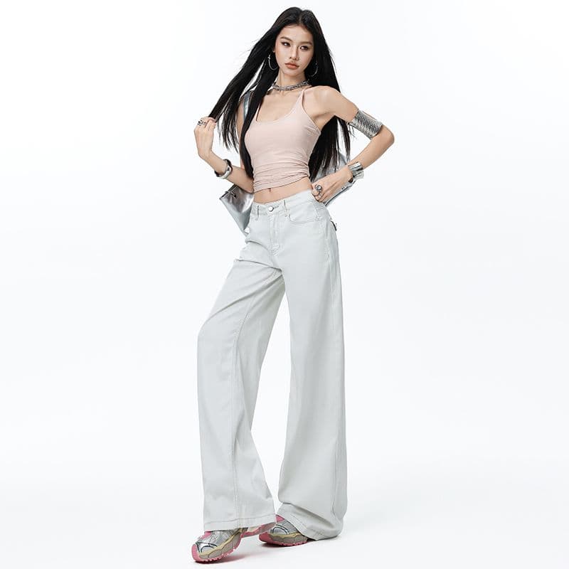 2026 여름 새로운 라이 경기 서울 주간 실크 코튼 스트레이트 나팔 넓은 다리 청바지 여성 루즈핏 바닥 청소 바지 여성 이미지 6