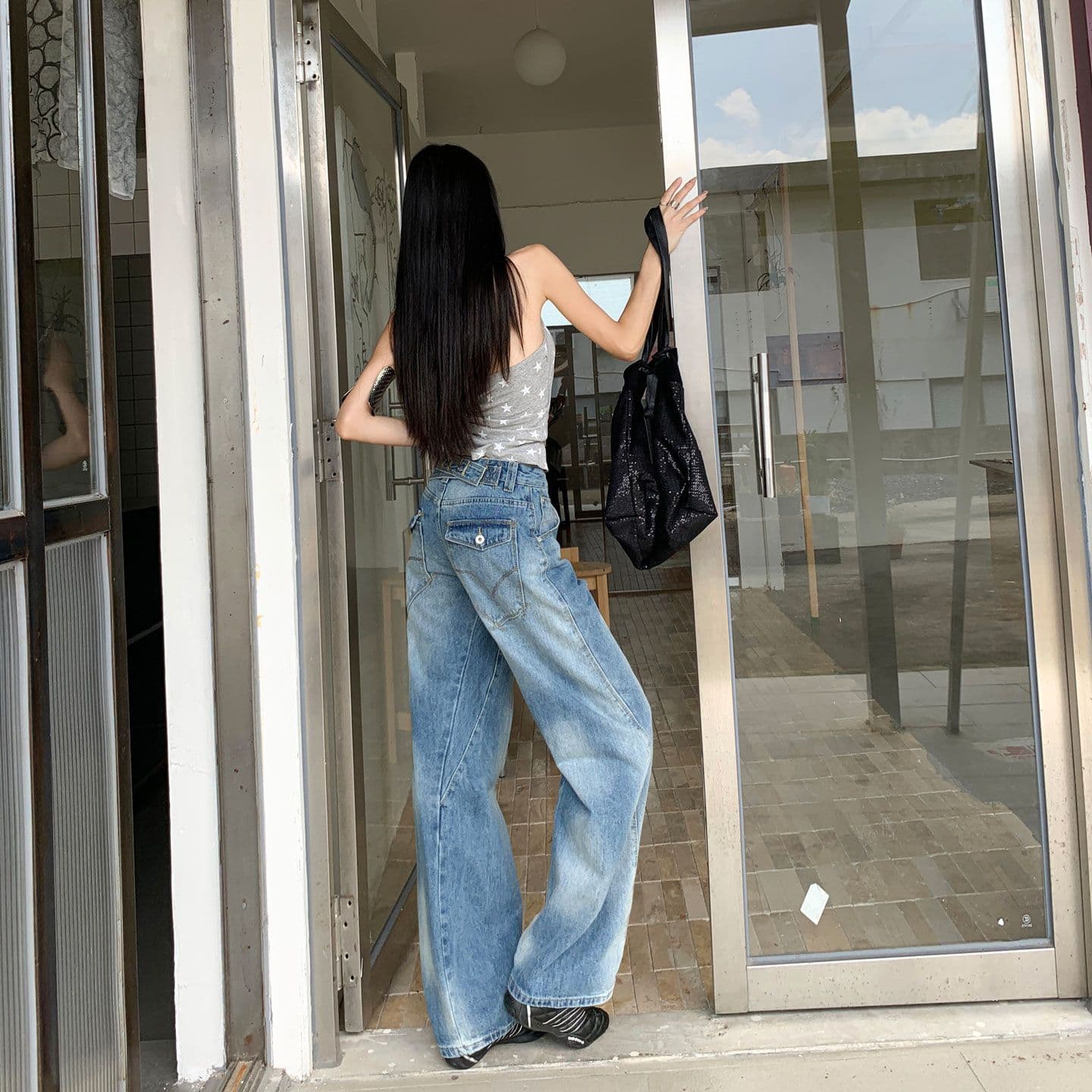아메리칸 파리 버클 해체 3 차원 프로필 모양 스트레이트 넓은 다리 모통이 칼 청바지 이미지 4