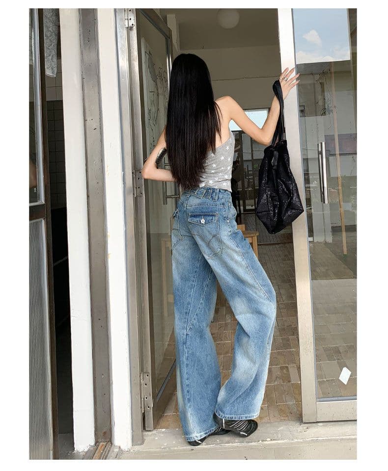 아메리칸 파리 버클 해체 3 차원 프로필 모양 스트레이트 넓은 다리 모통이 칼 청바지 상세 이미지 12