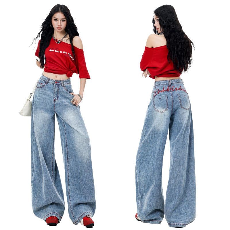 아메리칸 파리 버클 해체 3 차원 프로필 모양 스트레이트 넓은 다리 모통이 칼 청바지 이미지 2