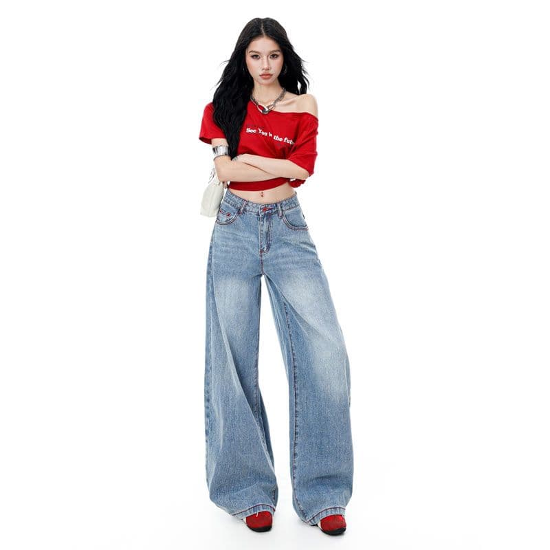 아메리칸 파리 버클 해체 3 차원 프로필 모양 스트레이트 넓은 다리 모통이 칼 청바지 이미지 4