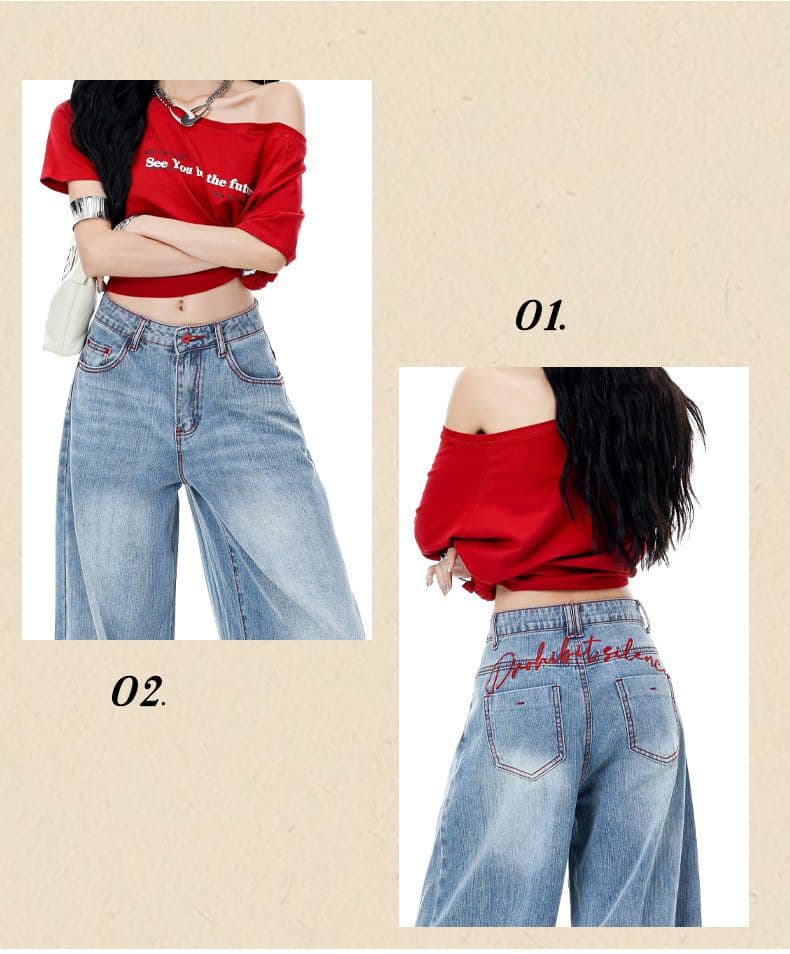 아메리칸 파리 버클 해체 3 차원 프로필 모양 스트레이트 넓은 다리 모통이 칼 청바지 상세 이미지 7