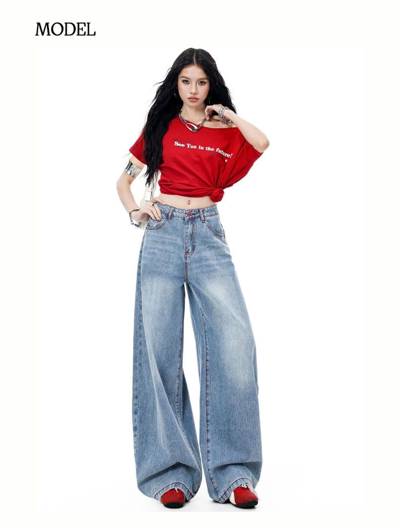 아메리칸 파리 버클 해체 3 차원 프로필 모양 스트레이트 넓은 다리 모통이 칼 청바지 상세 이미지 8