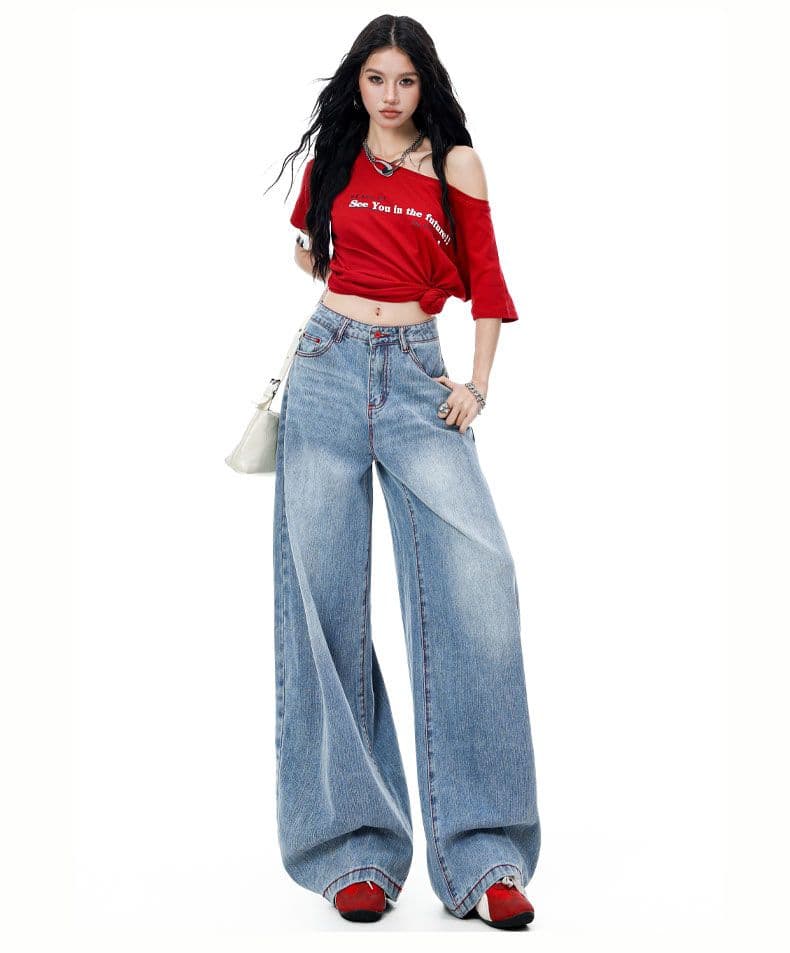 아메리칸 파리 버클 해체 3 차원 프로필 모양 스트레이트 넓은 다리 모통이 칼 청바지 상세 이미지 9