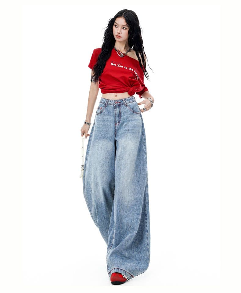 아메리칸 파리 버클 해체 3 차원 프로필 모양 스트레이트 넓은 다리 모통이 칼 청바지 상세 이미지 10