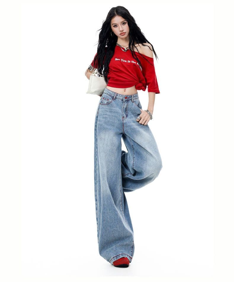 아메리칸 파리 버클 해체 3 차원 프로필 모양 스트레이트 넓은 다리 모통이 칼 청바지 상세 이미지 11