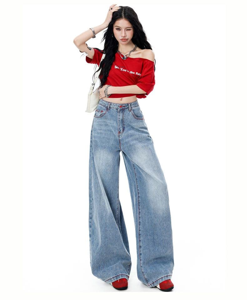 아메리칸 파리 버클 해체 3 차원 프로필 모양 스트레이트 넓은 다리 모통이 칼 청바지 상세 이미지 12