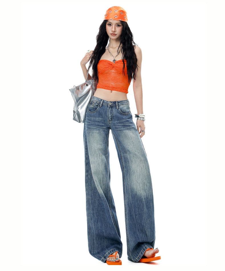 아메리칸 레트로 꽃꽂이 부츠컷 청바지 여성 넓은 다리 모통이 칼 바지 상세 이미지 9