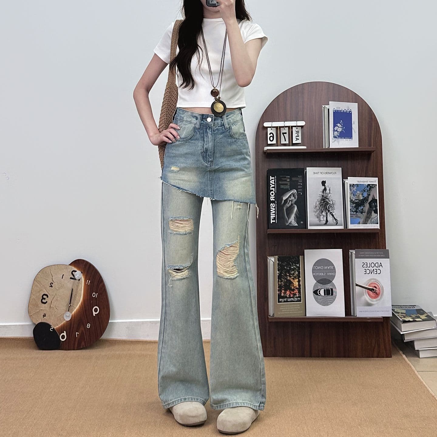 마 오래된 페이크 레이어드 찢어진 부분 마이크로 나팔 청바지 여성 2026 여름 섹션 하이웨이스트 몸매 가꾸기 슬림해 보이는 개성 세련된 바지 상세 이미지 6