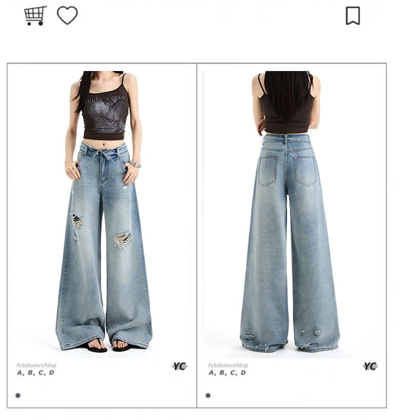 찢어진 부분 청바지 여성 하이웨이스트 루즈핏 배 종류 몸 착용 가져 가라. 슬림해 보이는 여름 작은 키 잉글랜드 넓은 다리 바닥 청소 바지 상세 이미지 6