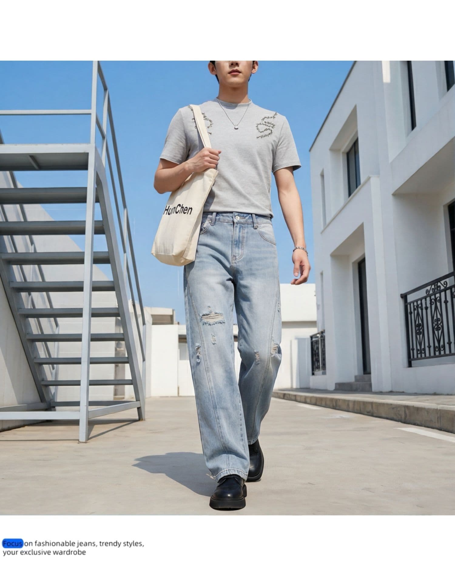 하늘색 찢어진 부분 청바지 여성 여름 얇은 스타일 조수 브랜드 악당 잘 생긴 튀김 거리 부츠컷 긴 바지 아메리칸 높음 거리 스트레이트 팬츠 상세 이미지 8