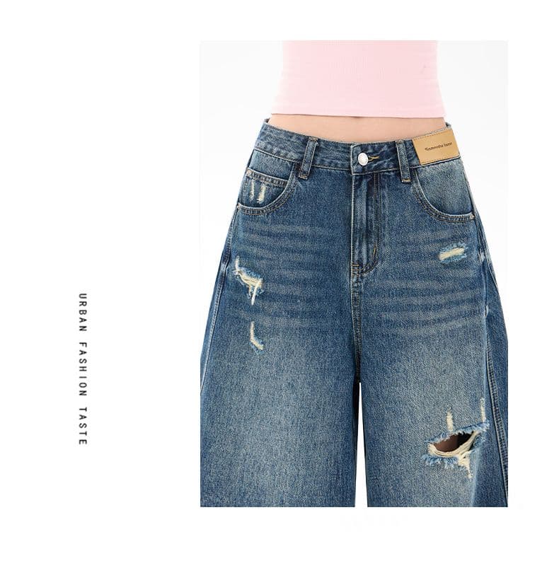 레트로 블루 연삭 화이트 찢어진 부분 거친 가장자리 5 점 와이드 레깅스 바지 2026 년 여름 새로운 하이웨이스트 루즈핏 표지 십자가 다용도 상세 이미지 10