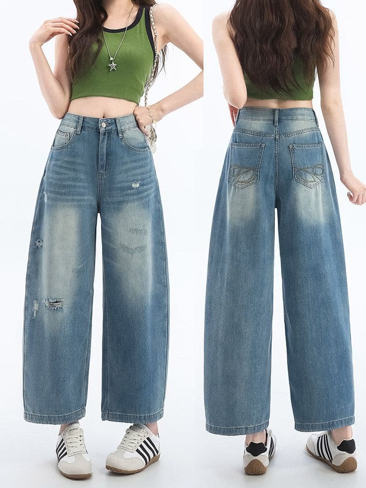 찢어진 부분 넓은 다리 청바지 여성 봄 여름 얇은 스타일 루즈핏 캐주얼 9 포인트 모통이 칼 바지 작은 키 슬림해 보이는 바지 상세 이미지 6