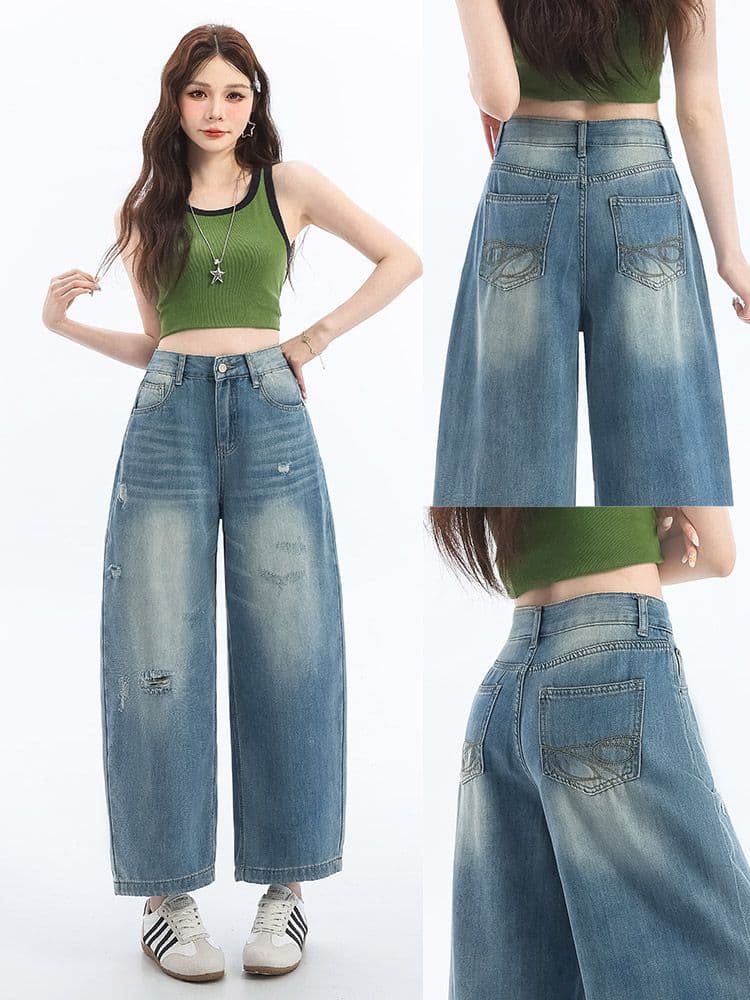 찢어진 부분 넓은 다리 청바지 여성 봄 여름 얇은 스타일 루즈핏 캐주얼 9 포인트 모통이 칼 바지 작은 키 슬림해 보이는 바지 상세 이미지 7