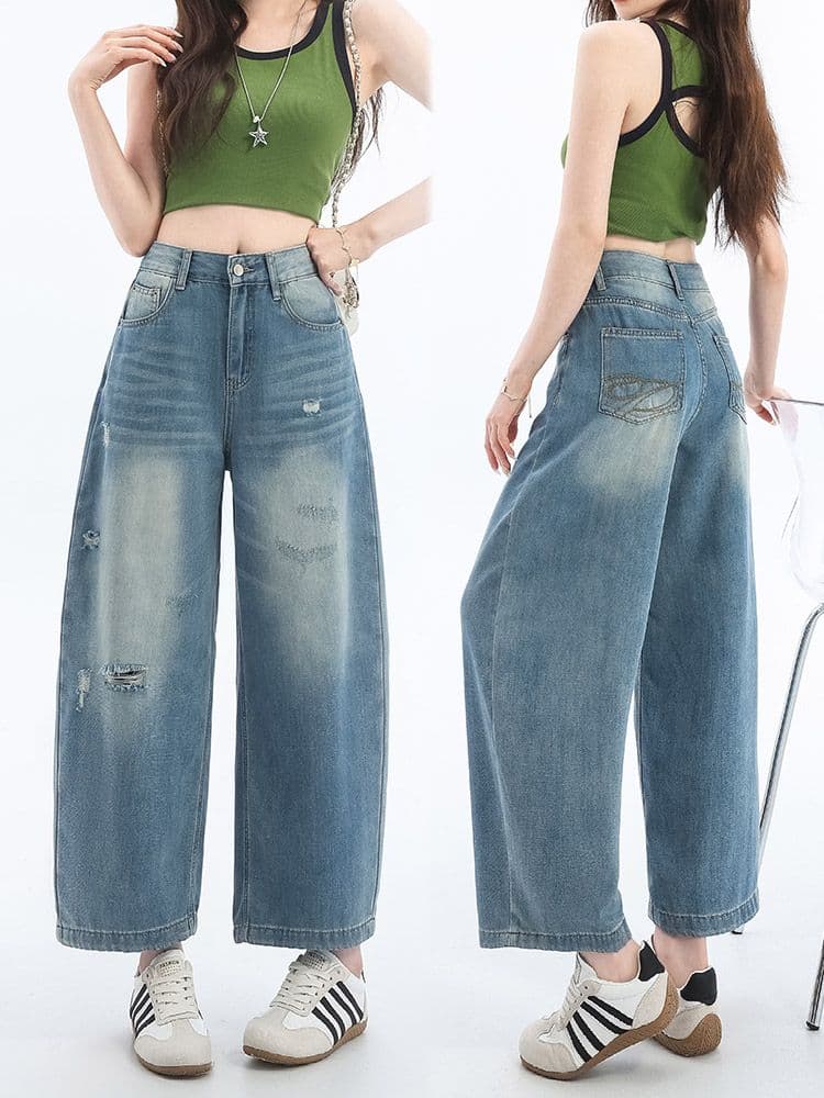 찢어진 부분 넓은 다리 청바지 여성 봄 여름 얇은 스타일 루즈핏 캐주얼 9 포인트 모통이 칼 바지 작은 키 슬림해 보이는 바지 상세 이미지 9