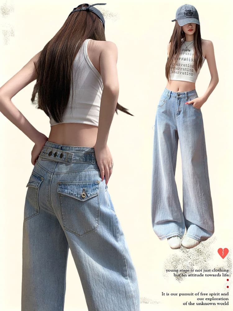 아메리칸 레트로 하이웨이스트 루즈핏 와이드 레그 팬츠 이후 부서 버클 디자인 센스 수 있습니다. 조정 모통이 칼 바지 청바지 여성 상세 이미지 1