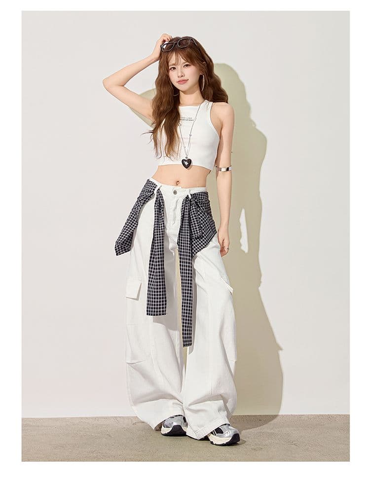 한국 스타일 레트로 작은 대중 하이웨이스트 주머니 경기 체크무늬 가죽 커튼 디자인 센스 루즈핏 다용도 데님 워크웨어 와이드 레깅스 바지 상세 이미지 26