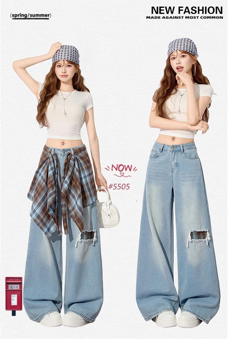 디자인 센스 방귀 커튼 가짜 찢어진 부분 넓은 다리 청바지 여성 2026 봄 여름 섹션 하이웨이스트 루즈핏 슬림해 보이는 바닥 청소 바지 상세 이미지 1