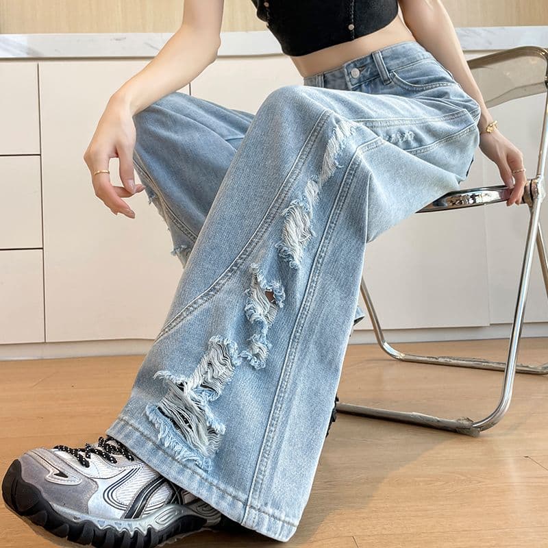 아메리칸 레트로 새로운 패션 트렌드 넓은 다리 그라인딩 홀 청바지 여성 이미지 2