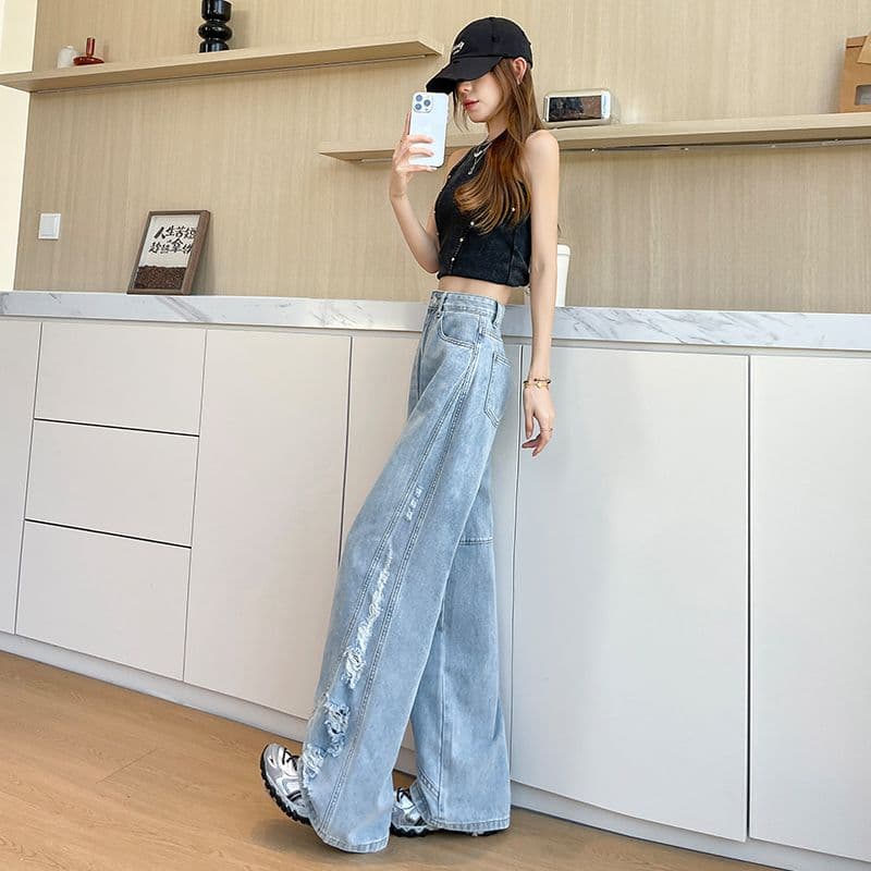 아메리칸 레트로 새로운 패션 트렌드 넓은 다리 그라인딩 홀 청바지 여성 이미지 4
