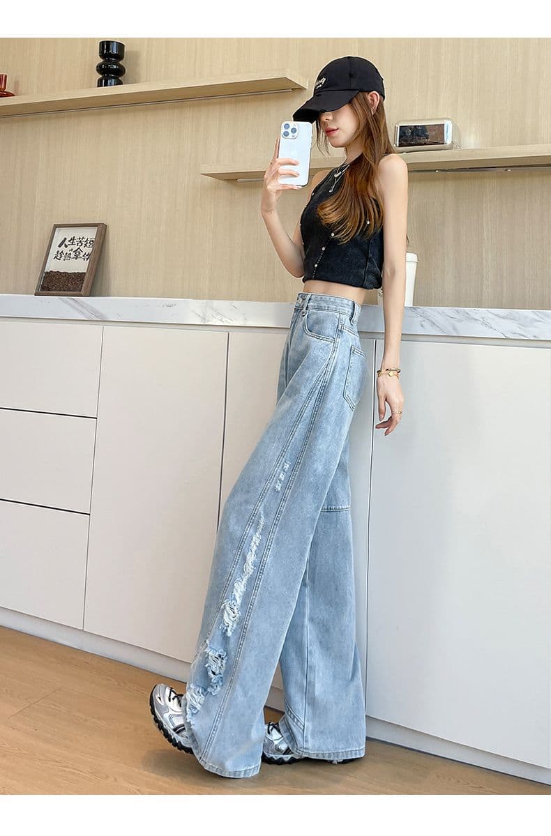 아메리칸 레트로 새로운 패션 트렌드 넓은 다리 그라인딩 홀 청바지 여성 상세 이미지 17
