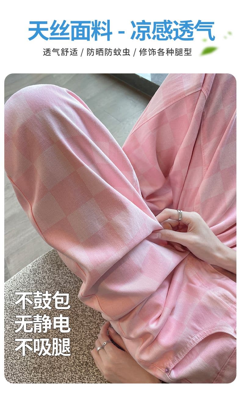여름 얇은 재료 새로운 넓은 다리 스트레이트 캐주얼 체크무늬 주간 실크 청바지 여성 상세 이미지 8