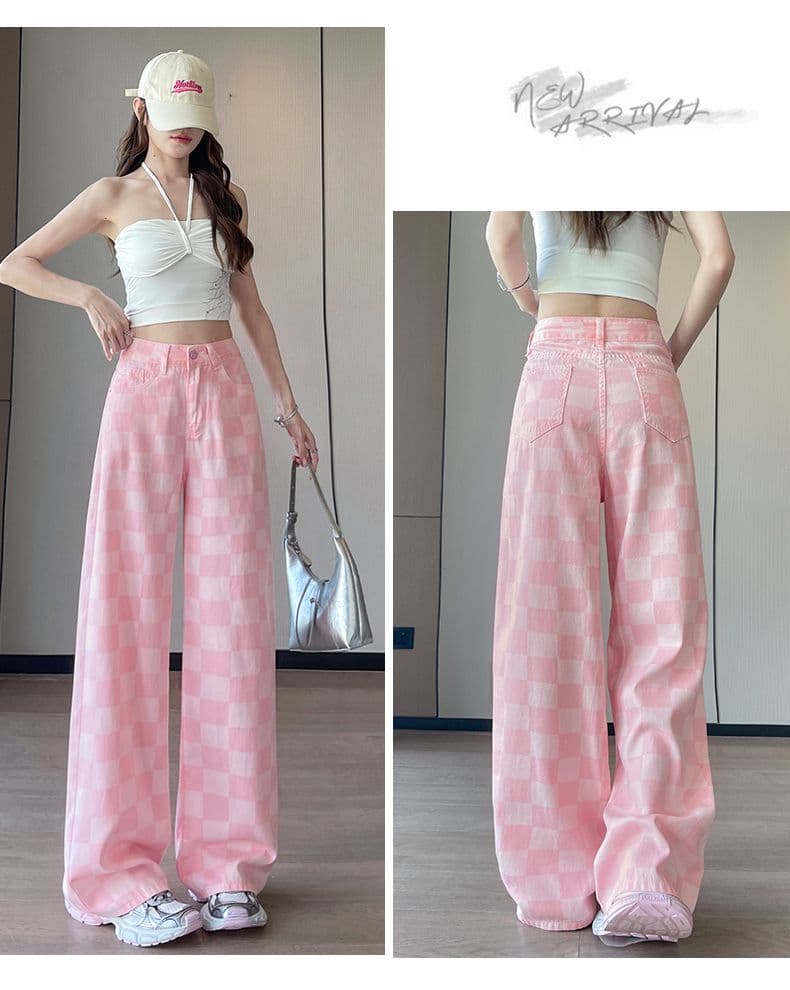 여름 얇은 재료 새로운 넓은 다리 스트레이트 캐주얼 체크무늬 주간 실크 청바지 여성 상세 이미지 17