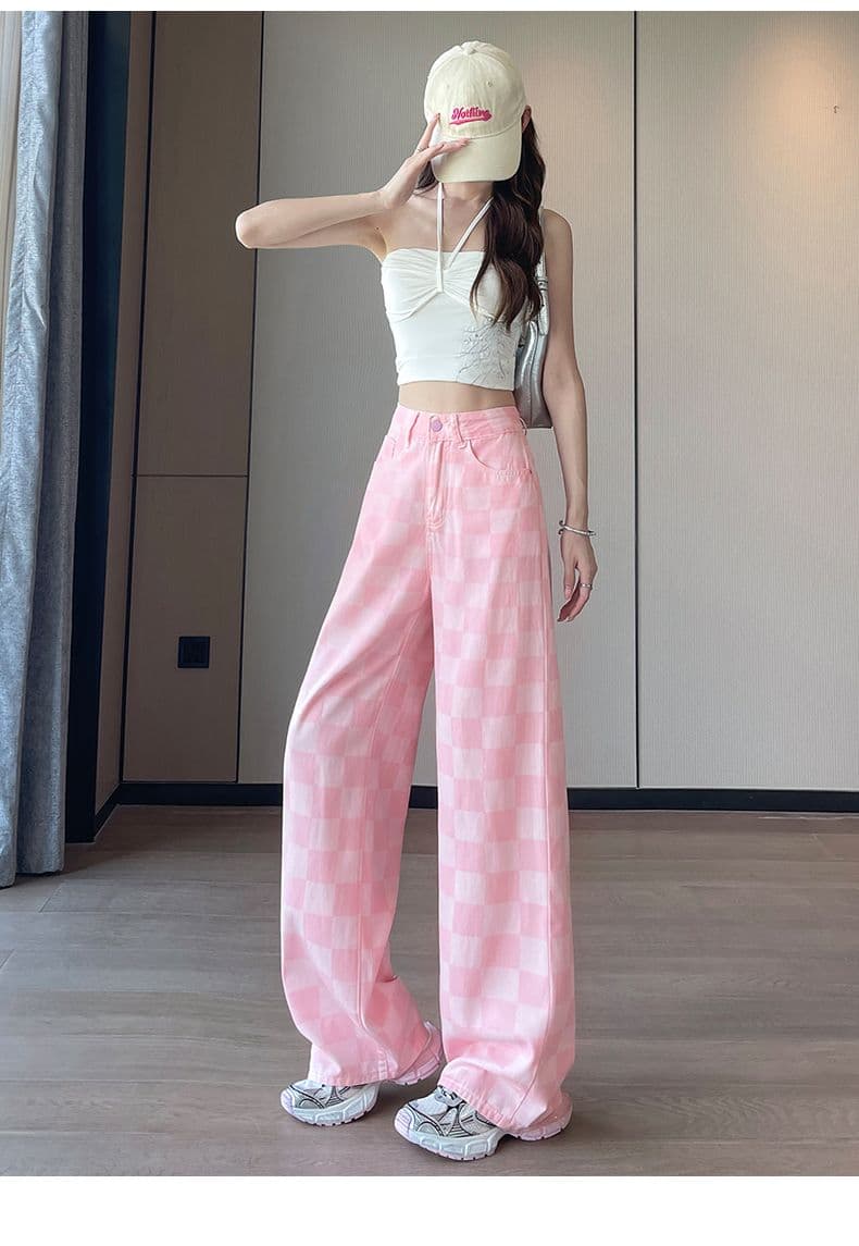 여름 얇은 재료 새로운 넓은 다리 스트레이트 캐주얼 체크무늬 주간 실크 청바지 여성 상세 이미지 19
