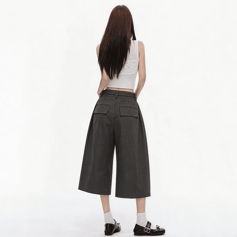 속도 건조한 명중 Pleat 리본 거친 가장자리 7부 바지 여자 여름 루즈핏 넓은 다리 캐주얼 바지 회색 반바지 이미지 2