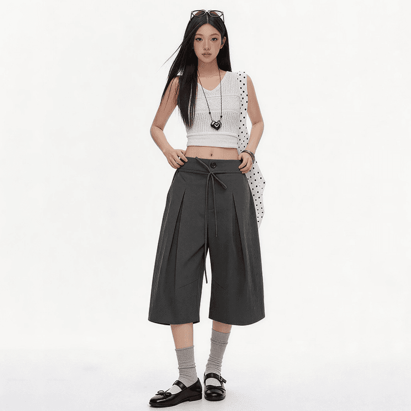속도 건조한 명중 Pleat 리본 거친 가장자리 7부 바지 여자 여름 루즈핏 넓은 다리 캐주얼 바지 회색 반바지 이미지 5