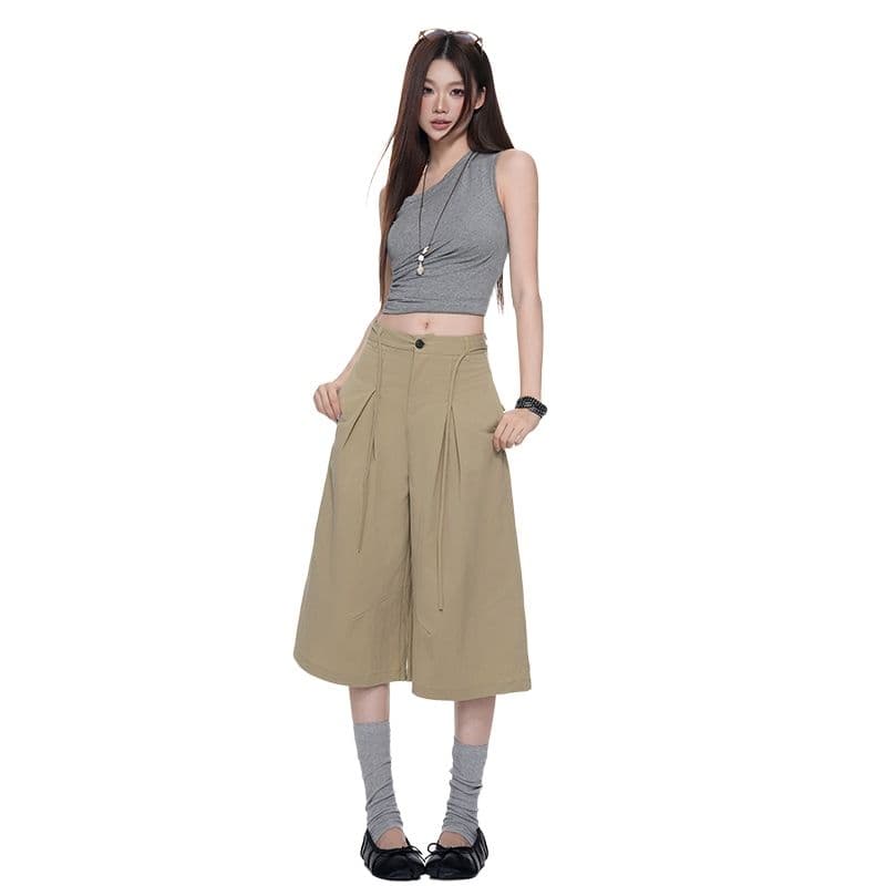 속도 건조한 명중 Pleat 리본 거친 가장자리 7부 바지 여자 여름 루즈핏 넓은 다리 캐주얼 바지 회색 반바지 이미지 3