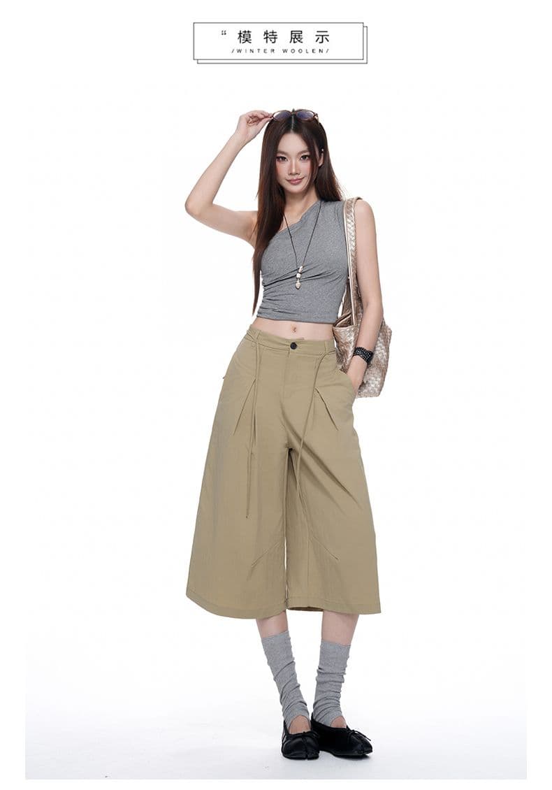 속도 건조한 명중 Pleat 리본 거친 가장자리 7부 바지 여자 여름 루즈핏 넓은 다리 캐주얼 바지 회색 반바지 상세 이미지 12
