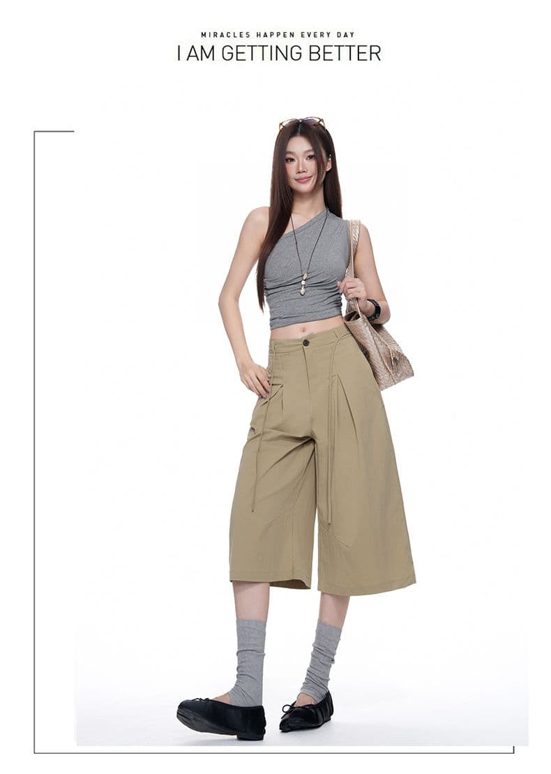 속도 건조한 명중 Pleat 리본 거친 가장자리 7부 바지 여자 여름 루즈핏 넓은 다리 캐주얼 바지 회색 반바지 상세 이미지 13