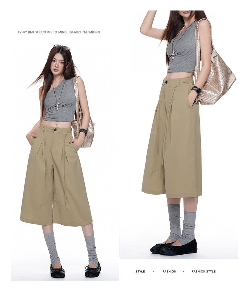 속도 건조한 명중 Pleat 리본 거친 가장자리 7부 바지 여자 여름 루즈핏 넓은 다리 캐주얼 바지 회색 반바지 상세 이미지 14