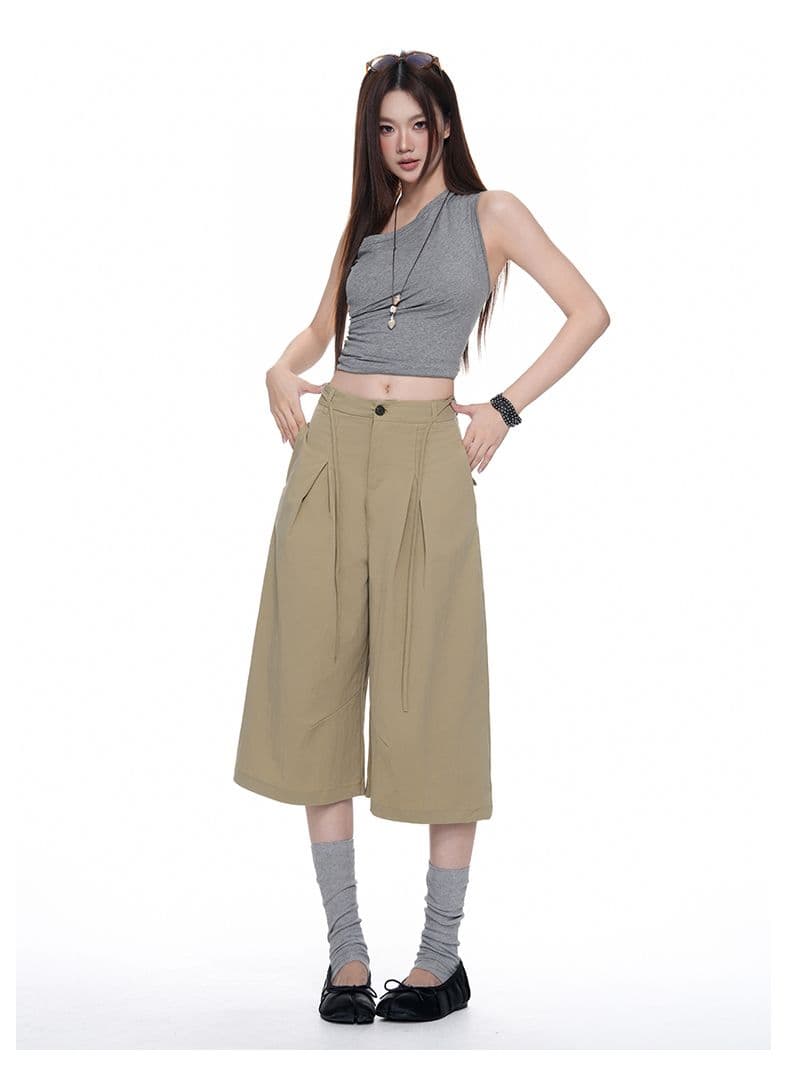 속도 건조한 명중 Pleat 리본 거친 가장자리 7부 바지 여자 여름 루즈핏 넓은 다리 캐주얼 바지 회색 반바지 상세 이미지 15