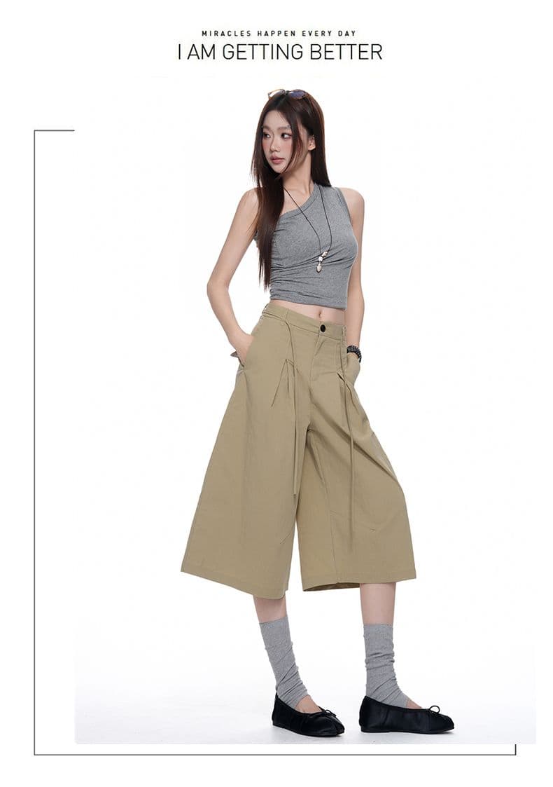속도 건조한 명중 Pleat 리본 거친 가장자리 7부 바지 여자 여름 루즈핏 넓은 다리 캐주얼 바지 회색 반바지 상세 이미지 16