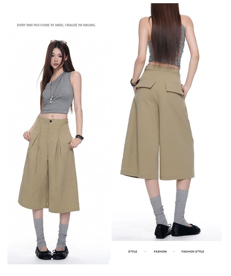속도 건조한 명중 Pleat 리본 거친 가장자리 7부 바지 여자 여름 루즈핏 넓은 다리 캐주얼 바지 회색 반바지 상세 이미지 17