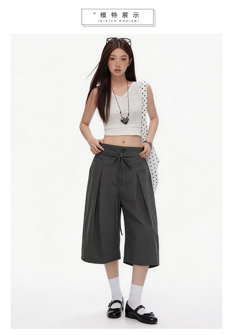 속도 건조한 명중 Pleat 리본 거친 가장자리 7부 바지 여자 여름 루즈핏 넓은 다리 캐주얼 바지 회색 반바지 상세 이미지 18