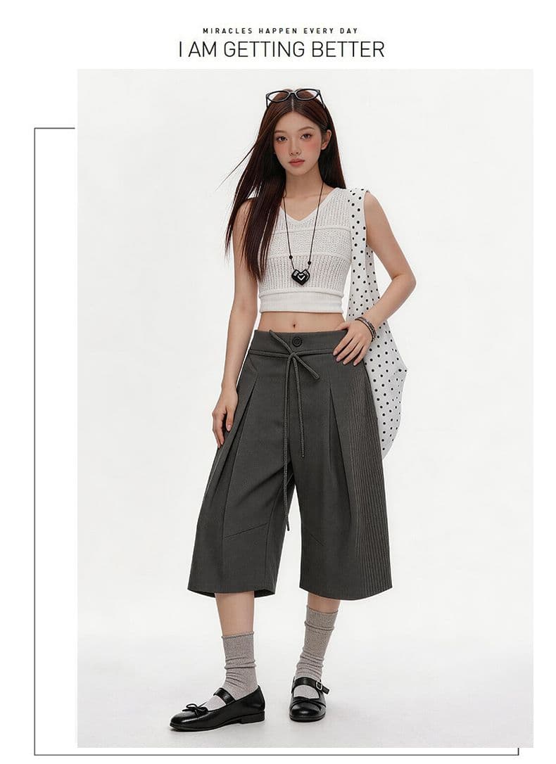 속도 건조한 명중 Pleat 리본 거친 가장자리 7부 바지 여자 여름 루즈핏 넓은 다리 캐주얼 바지 회색 반바지 상세 이미지 19